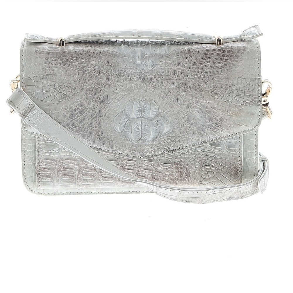 Grand Pelle Crocodile Embossed Leather White Flap Purse with Crossbody Strap